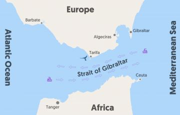 Strait of Gibraltar with direction of shipping traffic Strait Of Gibraltar, Geography Map, Mediterranean Sea, Atlantic Ocean, The Atlantic, The Mediterranean, Geography, Google Images, Map