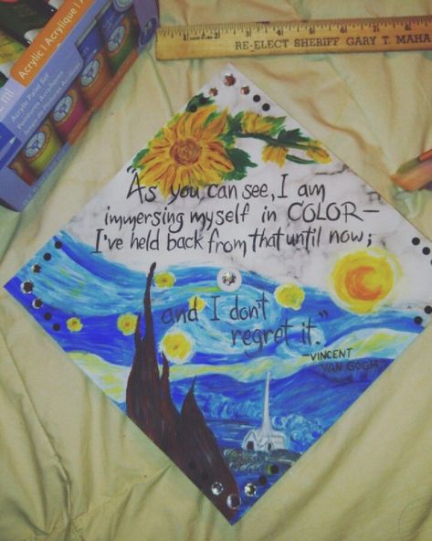 Starry Night Graduation Cap, Associates Degree Graduation, Ucf Graduation, Creative Graduation Caps, Artsy Projects, College Grad Cap Ideas, College Graduation Cap Decoration, Grad Hat, Senior Stuff