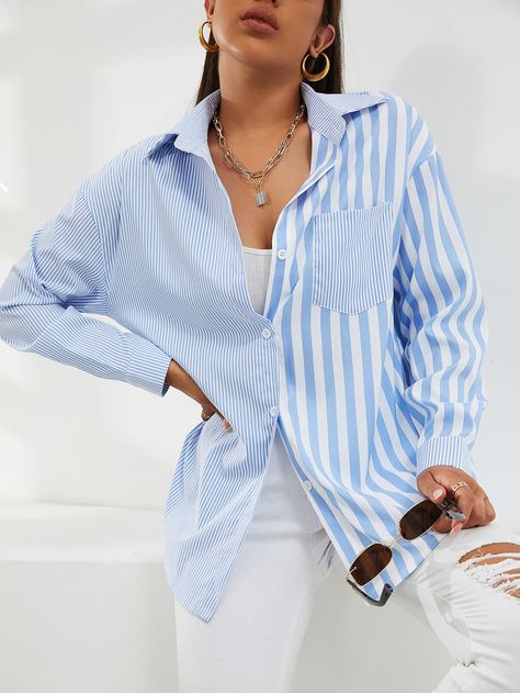 Blue and White Casual  Long Sleeve Polyester Striped Tunic  Non-Stretch Spring/Fall Women Tops, Blouses & Tee Drop Shoulder Blouse, Sewing Tops, Blouse Casual Fashion, Trendy Shirt Designs, Women Blouses Fashion, Beige Outfit, Striped Tunic, Blouse Diy, Fashion Blouse Design