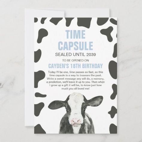 $ 2.98 | Holy Cow 1st Birthday Time Capsule cards - cow, holy cow i'm one, first birthday, watercolor, time capsule, sign, cow print, boy, farm, blue Cow 1st Birthday, 98th Birthday, Birthday Time Capsule, Cow Birthday Parties, Easter Invitations, Cow Birthday, 2nd Birthday Invitations, Holy Cow, 1st Birthday Invitations