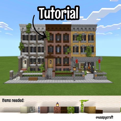 The tutorial is on my ig (@waspycraft) #minecraft #minecraftbuildingideas #minecraftbuild Minecraft Downtown, Townhouse Minecraft, Minecraft Town Ideas, Minecraft Medieval House, Minecraft Town, Minecraft Decoration, Brooklyn Townhouse, Minecraft City Buildings, City Project