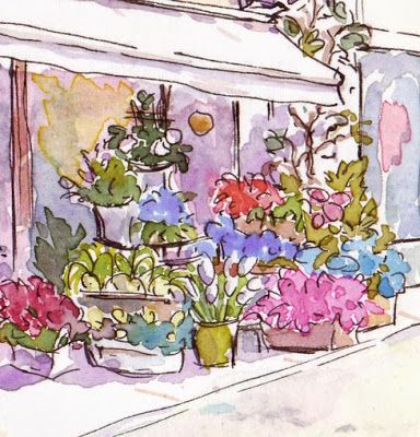 Flower Shop Watercolor, Flower Shop Sketch, Flower Shop Drawing, Watercolour Italy, Flower Shop Painting, Flower Shop Illustration, Italy Art Print, Artist Sketchbook, Travel Sketches