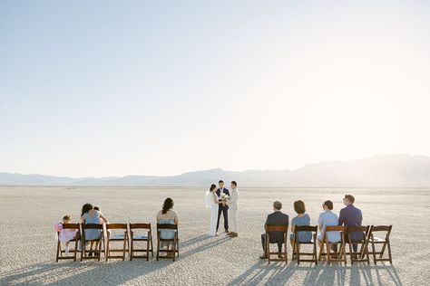 The minimalist beauty of the Dry Lake Bed served as a blank canvas for a the bride and groom’s wedding ceremony. Check out the blog post for inspiration! Nelson Ghost Town Wedding, Small Private Wedding, Intimate Elopement Ideas, Dry Lake Bed, Ceremony Decorations Outdoor, Very Small Wedding, Modern Wedding Ceremony, Intimate Wedding Reception, Romantic Wedding Ceremony