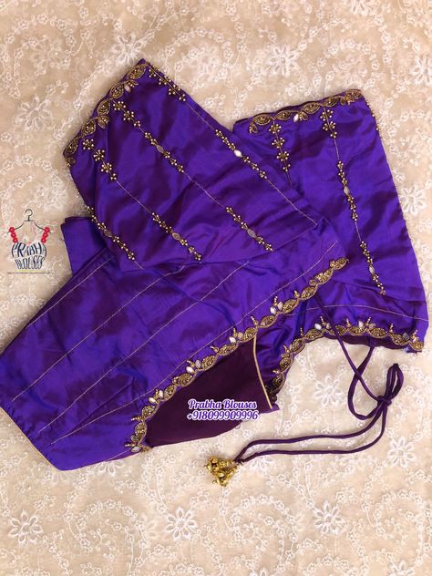 Threadwork Blouse Designs Simple, Threadwork Embroidery Blouses, Maggam Simple Designs, Purple Maggam Work Blouse Designs, Simple Maggam Designs For Blouses, Maggam Work Blouse Designs Latest Simple Thread Work, Plane Blouse Designs, Thread Hand Work Blouse Design, Blue Blouse Aari Work Designs