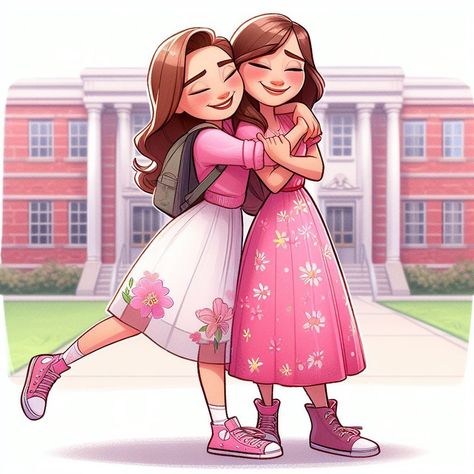 2 Sisters Cartoon Images, Two Sisters Illustration Art, Cartoon Sisters Drawings, Sister Love Drawing, Sisters Cartoon Images, Two Friends Cartoon, Sister Doodles, 2 Friends Pose Reference, Sister Hug