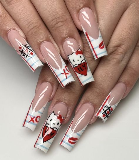 ig: julolaesnails Nail Art Designs Hello Kitty, Matching Hello Kitty Nails, Hello Kitty Valentines Nails, Hello Kitty Nails Almond, Nail Designs Hello Kitty, Nails Vacay, Valentines Nails French, Nail Inspo Hello Kitty, Duck Nails Short