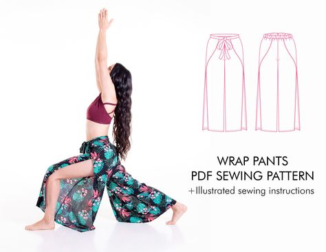 "Wrap Pants PDF sewing pattern, Women's sizes 2XS-5XL. SEWING VIDEO TUTORIAL ON YOUTUBE: https://youtu.be/98f3cfIjvRo?si=W9gw1O8hdqpeQ4w8 Make fresh pants with no side seams. Wrap pants are a must have for beach, summer outfit, home office, and lounge wardrobe. You can print this pattern at home on 8½ x 11\" or A4 paper format/size or plot at a copy shop. This is an instant download item. They are 4 PDF files. All the patterns for sale online are to download, print and assemble. NO PHYSICAL PATTERNS ARE SOLD. Skill level 1/5 The design is straightforward. We introduce you to basic sewing. Materials: - Fibranne, viscose or rayon - Sewing thread Tools list: - Sewing machine and Serger - Scissors and pins - Iron and ironing board The Wrap Pants sewing pattern has: -Tied waistband option -Elas Beginner Sewing Outfits, Wrap Pants Sewing Pattern, Wrap Around Pants Pattern Free, Flowy Pants Pattern Sewing, Crochet Wrap Pants Pattern, Flare Yoga Pants Sewing Pattern, Aladin Pants Sewing Pattern, Women’s Pants Sewing Pattern, Wrap Pants Pattern