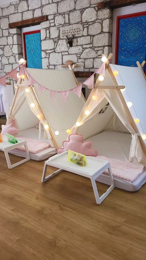 These custom A-Frame glamping teepee tents are handmade to order just for you! The play tent are perfect for kids sleepover parties, birthday slumber parties or just to have for playtime.  You can individually create the tent set you would like. It can be only tent or additionally you can order square play mat for inside of the tent and semi-circle mattress that is on the entrance of the tent.  The durable cotton canvas exterior and robust poles are thoughtfully engineered to withstand both indo Camping Birthday Sleepover, Tent Birthday Decoration, Birthday Tents Sleepover, Circle Mattress, Glamping Teepee, Clubhouse Decorations, Sleepover Party Decorations, Teepee Tent Sleepover, Tent Sleepover Party