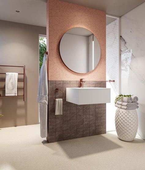 Bathroom Look: Rose Gold Finishes #VISIMag #VISIMagazine #Decor Rose Gold Bathroom Decor Ideas, Rose Gold Interior Design, Bathroom Rose Gold, Rose Gold Bathroom Decor, Gold Bathroom Decor Ideas, Mixed Metal Bathroom, Gold Aesthetics, Rose Gold Bathroom, Rose Gold Interior