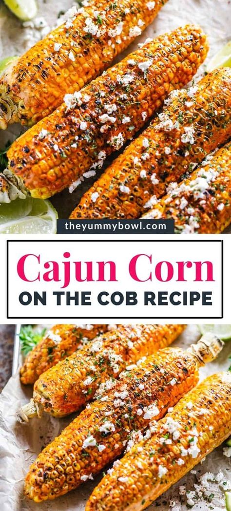 Roasted Cajun corn on the cob is easy to make in the comfort of your home. Perfectly baked corn is dipped in a creamy cajun mayo sauce, sprinkled with salty crumbled cheese and is great for large summer parties. Cajun Grilled Corn On The Cob, Corn On The Cob Cajun, Flavored Corn On The Cob, Cajun Menu Ideas, Cajun Corn On The Cob Air Fryer, Spicy Corn Recipes, Creamy Cajun Corn On The Cob, Cajun Creamy Garlic Corn, Street Corn On The Cob Recipe