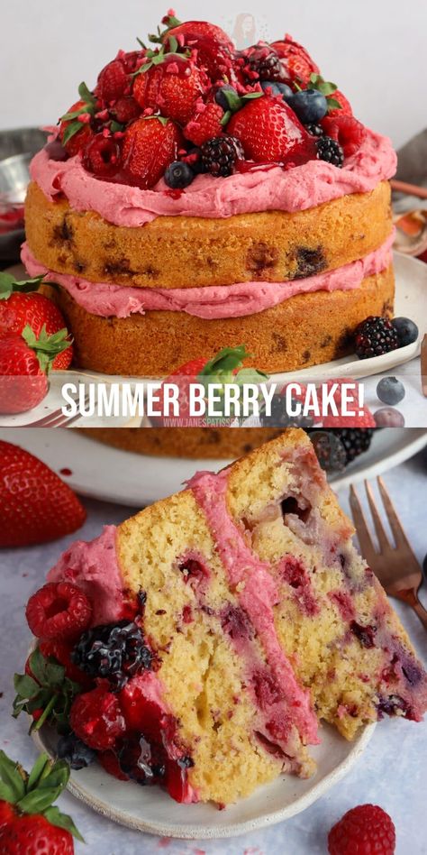 Summer Berry Cake! - Jane's Patisserie Summer Berry Cake, Berry Frosting, Berry Cake Recipe, Bakery Cupcakes, Summer Baking, Berry Cake, Baking Cakes, Summer Cakes, Berries Recipes