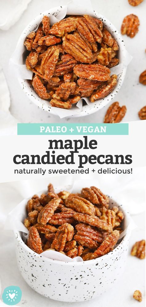 Maple Candied Pecans - These naturally sweetened candied pecans are PERFECT for snacking, holiday gifting, or topping your favorite salad. You'll love them as much as we do! Don't forget the free printable gift tag for gifting! (Paleo + Vegan) // Paleo Candied Pecans // Healthy Candied Pecans // Edible Gift // Holiday Gift // Printable Gift Tag // Cinnamon Candied Pecans #candiedpecans #ediblegift #holidaygift #gifttag Paleo Candied Pecans, Pecans Recipes, Paleo Candy, Maple Candy, Healthy Candy, Favorite Salad, Vegan Candies, Meatless Dinner, Pecan Recipes