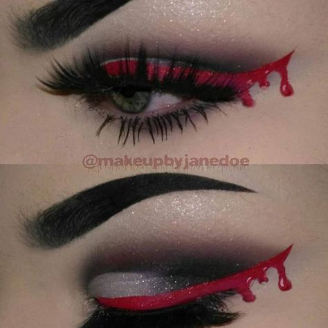 Sorry I haven't posted in a while! For my first look being back, here's a simple bloody eyeliner look! Hope you guys are ready for a bunch of halloween looks Eyeshadow: #35om palette from @morphebrushes Eyebrows: @nyxcosmetics #liquidsuede lipsticks in the shade #alien Eyeliner: @jeffreestarcosmetics #velourliquidlipstick in the shade #redrum Eyelashes: @rouge.and.rogue in the style #slayer #makeup #makeupoftheday #halloweenmakeup #halloween #eyeliner #bloody #bloodyeye... Alien Eyeliner, Derby Makeup, Halloween Eyeliner, Halloween Eyeshadow, Halloween Make-up Looks, Holloween Makeup, Horror Make-up, Halloween Makeup Diy, Casual Halloween