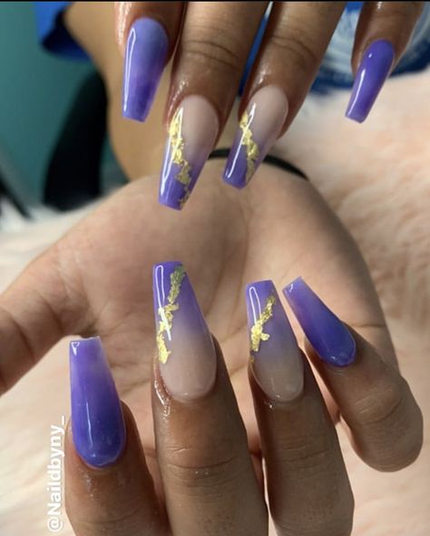 Purple White And Gold Acrylic Nails, Purple White And Gold Nails, Purple Gold Ombre Nails, Purple Nails With Gold Foil, Purple And Yellow Ombre Nails, Purple N Gold Nails, Purple And Gold French Tip Nails, Purple Gold Nails Designs, Purple And Gold Nails Short