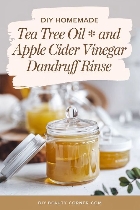 DIY Tea Tree & ACV Dandruff Rinse Apple Cider Vinegar Hair Rinse Recipe, Apple Cider Vinegar Scalp, Apple Cider Hair, Hair Rinse Recipe, Apple Cider Vinegar Hair Rinse, Natural Dandruff Remedy, Oils For Dandruff, Homemade Skincare, Skincare Recipes