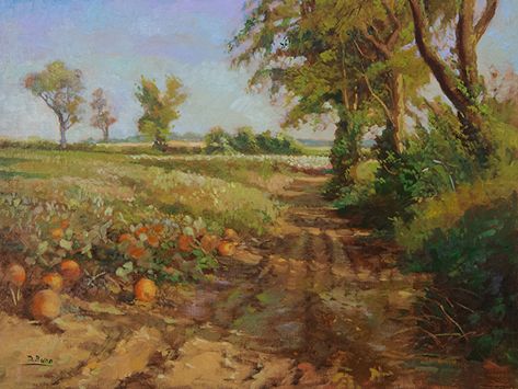 Path through the Pumpkin Patch by Dot Bunn Oil ~ 18 x 24 Pumpkin Patch Landscape, Pumpkin Patch Painting, Pumpkin Patch Art, Landscape Exhibition, Pumpkin Paintings, Dean Thomas, Pumpkin Field, Colorful Palette, Pumpkin Patches