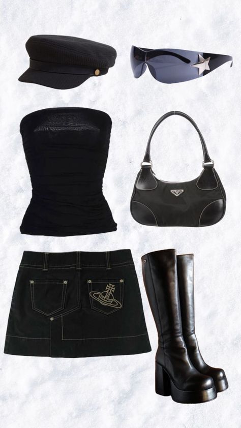 Y2k Outfits Street Styles Skirts, 2000s Mini Skirt Outfit, Magazine Aesthetic, Types Of Clothing, Boots Prada, Aesthetics Fashion, Mode Grunge, Top Sunglasses, Black Tube