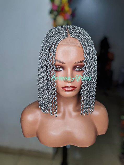 Braid Wig Short, Braid Wig For Black Women, Box Braid Wig, Braided Wig Middle Part, Braided Wig Grey by SereneAfrica on Etsy Short Box Braid, Silver Hair Braids, Short Braid, Wig Middle Part, Hand Fans For Wedding, Short Box Braids, Braid Wig, African Traditional Wedding, Wig For Black Women