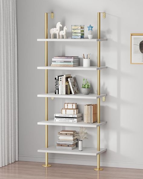 Amazon.com: pickpiff Ladder Shelf Bookcase 5 Tier, Extra Sturdy Modern Bookshelf Wall Mounted, Tall Standing Open Shelf White and Gold, Industrial Metal Frame with Wooden Shelf : Home & Kitchen Modern Bookshelf Wall, James Theo, Gold Bookshelf, Nathan James, Wall Mounted Bookshelves, Ladder Bookshelf, Modern Bookshelf, Modular Walls, Shelf Bookcase