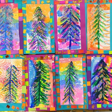 Cassie Stephens on Instagram: “ART TEACHERIN HACK: don’t throw ANYTHING away! One of my first grade classes is ahead of the rest so this week, they made these evergreen 🌲…” Kindergarten Christmas Art Projects, Winter Wonderland Art Projects For Kids, Grinch Art Projects For Kids, Elementary Winter Art, Christmas Art Projects For Kids, Winter Art Projects For Kids, Christmas Homeschool, December Art, Color Art Lessons