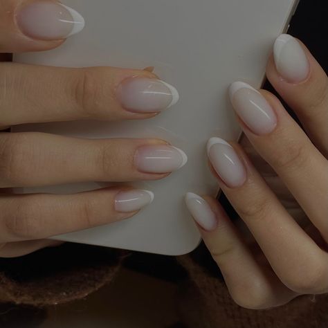 Nails french tip Milky White French Tip Nails Oval, Milky White Tips Nails, Almond Nails Short Milky White, Sheer Cream Nails, Short Milky French Tip Nails, Milky White Gel Nails French, Milk White Nails With French Tip, Milky White Nail With French Tip, Milky White And White French