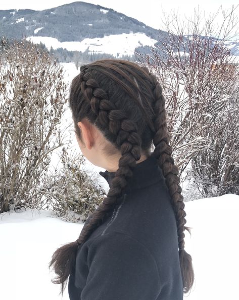 Double dutch braids with feathered strands for skiing Ski Braids Hair, Hairstyles For Skiing, Snowboarding Hair, Skiing Hair, Ski Hairstyle, Skiing Hairstyles, Ski Hair, Double Dutch Braids, Different Braid Styles