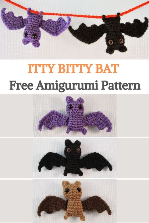 Halloween is nearly upon us, so here is a tiny little bat pattern for you to have fun with. It's quick and simple to make and, depending on the yarn you use, will end up about 2 ”tall with a wingspan of about 5” The feet are actually small loops, so your bat can hang upside down from a small stick or length of yarn or cord. The loops are large enough to fit the crochet hook you are using through so you can use that to pull yarn or cord through.  #urbakicrochet #halloweencrochet #batcrochet Arugami Bat, Tiny Bat Crochet Pattern, Crochet Bat Keychain Free Pattern, Small Bat Crochet Pattern, Simple Small Crochet Patterns, Crochet Bats Halloween, Crochet Bat Earrings, Crochet Bat Keychain, How To Crochet A Bat