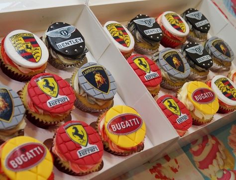 Ferrari, Bugatti, Lamborghini, Porsche & Bentley Cupcakes.  Check out my YouTube Channel to see how I make some of my cakes & cupcakes along with cake decorating tutorials: Max's Cake Studio. Don't forget to subscribe it's fun & FREE! Ferrari Cupcakes, Lamborghini Cupcakes, Sports Car Themed Birthday Party, Bugatti Birthday Party Ideas, Bugatti Cake, Sports Car Cake, Lamborghini Birthday Party Ideas, Lamborghini Cake, Car Cakes For Men