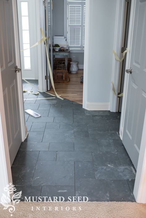 Blue Slate Bathroom Floor, Blue Stone Tile Floors, Dark Tile Floor, Blue Slate Tile, Entryway Tiles, Tile Foyer, Slate Bathroom Tile, Charcoal Grout, Tile Entry