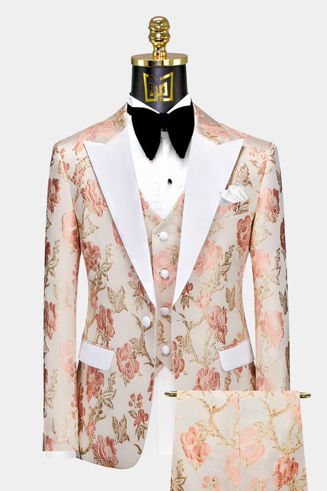 Slim Fit Suits - Fitted Skinny Suits for Men | Gentleman's Guru Rose Gold Wedding Tuxedo, Rose Gold Prom Suits For Men, Rose Gold Suit Men Wedding, Rose Gold And Brown Wedding Theme, Tuxedo For Men Wedding Rose Gold, Rose Gold Groomsmen Attire, Rose Gold Suit Men, Rose Gold Suit, Suits For Guys