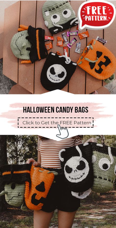 crochet Halloween Candy Bags free pattern - FREE Crochet Bags Pattern for Beginners. Click to Get the Pattern #Bags #crochetpattern #crochet via @shareapattern.com Small Velvet Crochet Projects, Crocheted Halloween Bags, Trick Or Treat Crochet Bags, Crochet Projects For Halloween, Fall Crochet Ideas Easy, Halloween Free Pattern Crochet, Crochet Fall Market Prep, Quick Chunky Crochet Projects, Free Halloween Amigurumi Crochet Patterns