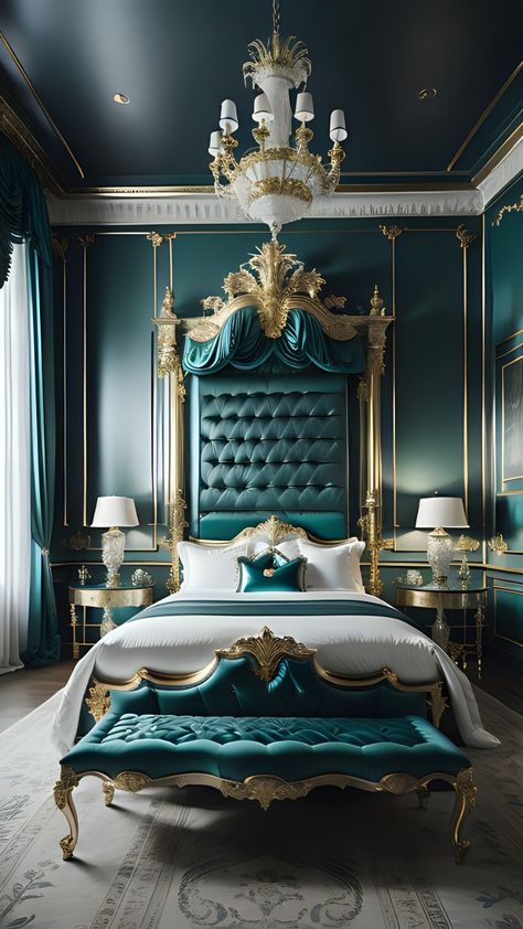 This image showcases an opulent bedroom that exudes classic luxury with a modern twist. The focal point is an ornate bed with plush velvet bedding in rich emerald tones, accented by gold and white. The room is framed by elegant dark green panels and striking wall sconces, all illuminated by a grand chandelier that adds a warm, inviting glow to the sophisticated space. #ModernLiving #HomeDecor #UrbanArt #InteriorDesign #Cityscape #SunsetReflections #ArtInInteriors Grand Bedroom Luxury, Teal Bedroom Decor Ideas, Dark Teal Walls, Royal Luxury Bedroom Design, Dark Teal Bedroom Ideas, Dark Teal Bedroom, Ornate Bed, Teal Bedroom Ideas, Teal Bedroom Decor