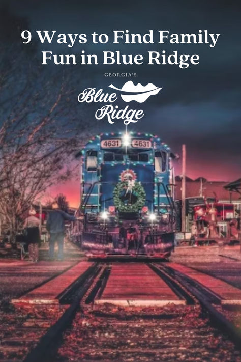 Picture of the Blue Ridge Scenic Railway all lit up with Christmas lights with a wreath on front at dusk with pink and dark blue skies. Blue Ridge Georgia Christmas, Things To Do In Blue Ridge Georgia In The Winter, Georgia Christmas, Cabin Winter, Fun Trips, Blue Ridge Georgia, Blue Ridge Ga, Holiday Blues, Winter Family