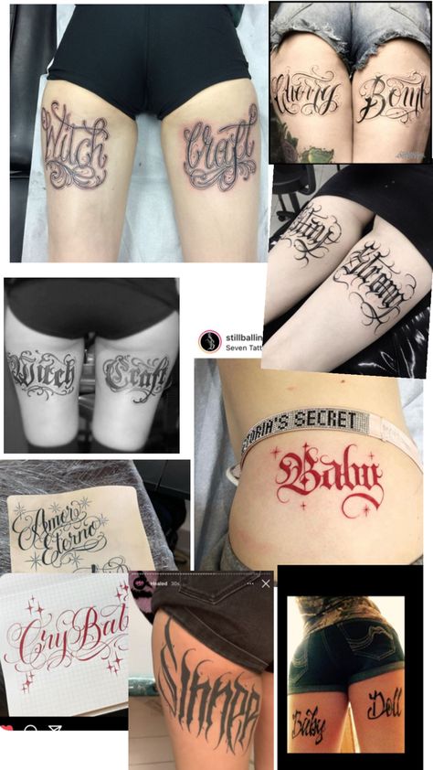 Women Thug Tattoos, Goth Hip Tattoos Women, Under Buttcheek Tattoo, Pinup Tattoo Thigh, Thigh Pinup Tattoo, Dope Female Tattoos, Dirty Tattoo Ideas, Buttcheek Tattoo, Under Buttcheek Tattoo Women