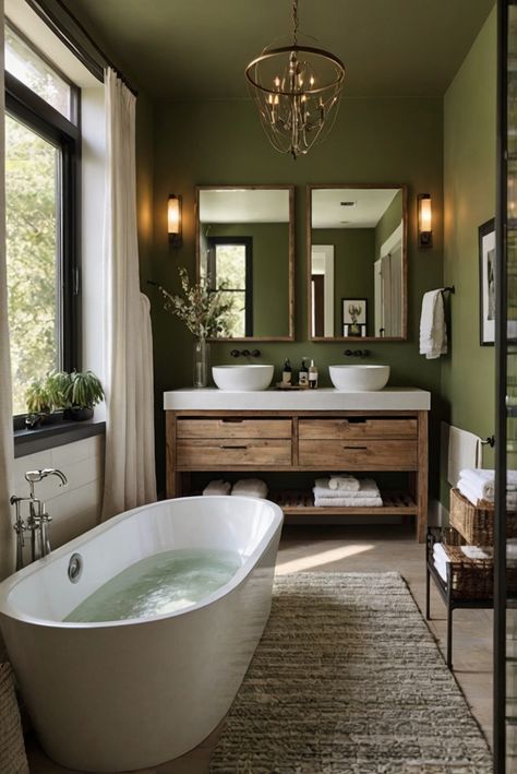 Discover how to achieve balance and harmony in a minimalist bathroom. Follow these daily interior designer tips for creating a serene and stylish space. #Ad #homedecor #homedesign #bathroom #Painthome interiorarchitecture best Wall Colors for Bathroom Colors Bright Room Colors best colors combinations bathroom bathroom Remodeling Modern Paint Colors 2024 Cherry Vanity Bathroom Color Schemes, Bathrooms Paint Colors, Colour Drenched Bathroom, Colour Drenching Bathroom, Farmhouse Bathroom Colors Scheme, Color Drenching Bathroom, Bathroom Paint Inspiration, Master Restroom, Green And Grey Bathroom