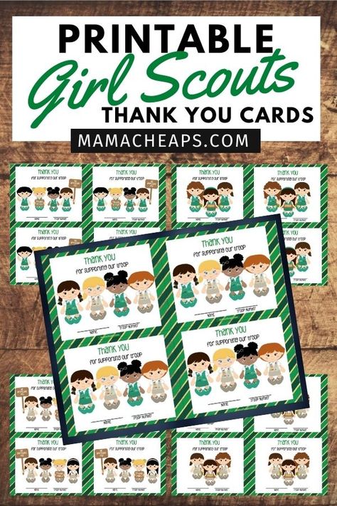 Do you have a girl scout? Is it almost time for another season of girl scout cookie sales? Check out these adorable FREE printable note cards that we have on the blog for you to use! You can get our file and print what you need (personal use only). Saying thanks is an important part of sales and these note cards are just perfect for your favorite scout! #printable #diy #girlscout #mamacheaps Girl Scout Cookie Sales Ideas, Girl Scout Cookie Badge Activities, Girl Scout Cookie Printables Free, Girl Scout Certificates Printables Free, Girl Scout Thank You Cards Printable, Girl Scout Cookie Thank You, Girl Scout Cookie Thank You Printable, Girl Scout Cookie Thank You Cards Free, Girl Scout Cookies Booth Signs