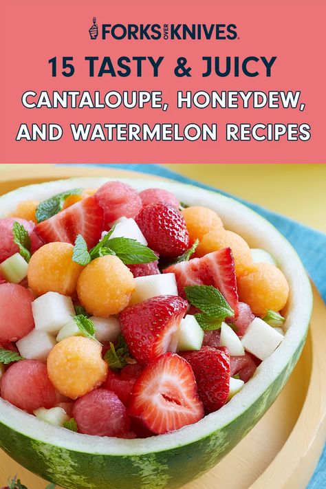 15 Juicy Cantaloupe, Honeydew, and Watermelon Recipes: Grilled, Chilled, and Beyond via @forksoverknives Cantaloupe Fruit, Vegan Popsicles, Pickled Watermelon Rind, Vegan Tzatziki, Creamy Jalapeno, Summer Salads With Fruit, Big Juicy, Sweet Watermelon, Watermelon Rind