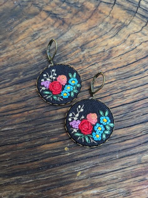 Grandmacore embroidered floral earrings, vintage aesthetic earrings, embroidery roses, forget-me-nots jewelry, garden flower earrings gift Earrings Embroidery, Embroidery Roses, Embroidery Earrings, Embroidered Earrings, Aesthetic Earrings, Forget Me Nots, Casual Jewelry, Garden Flower, Fabric Jewelry