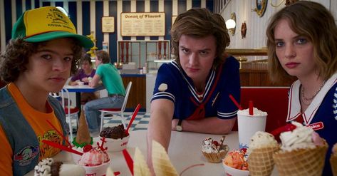 these three offer you free ice cream for life in exchange for your help fighting evil russians. are u in? Stranger Things Poster, Stranger Things Season 3, Stranger Things 3, Stranger Things Steve, Cast Stranger Things, Stranger Things Aesthetic, Joe Keery, Stranger Things Wallpaper, Steve Harrington