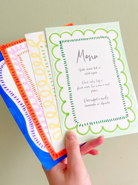 Spring tablescape design inspo. Here's some hand illustrated menu design ideas. Layer different marks to build borders to create these fun Spring inspired menus. Menu Design Ideas, 25th Birthday, Birthday Dinners, Menu Cards, Wedding Stationary, Wedding Menu, Menu Design, San Valentino, Design Inspo