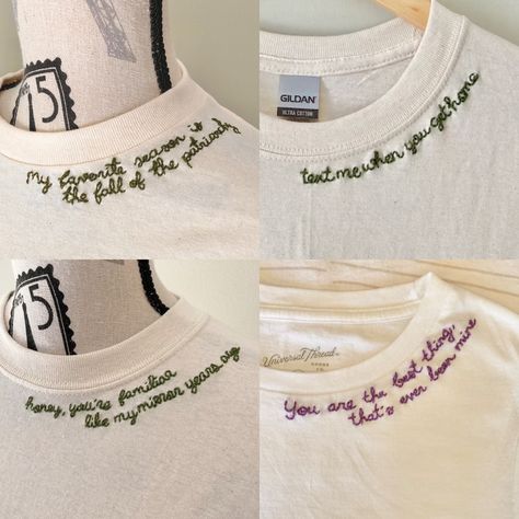 "ᴛʜᴇ ᴇᴍʙʀᴏɪᴅᴇʀʏ Your unique clothing will be hand embroidered (by me, the hand embroidery artist!) with whichever of my original artworks you chose! As all custom embroidery designs are HANDsewn, each wearable art piece is one of a kind (OOAK). Please allow for natural variations in your custom embroidered tshirt. Customize shirt thread colors in the Personalization box or at checkout. ʙʀᴀɴᴅ: Gildan; Fruit of the Loom; M&O Knits (100% cotton) ᴄᴀʀᴇ: Wash on a cold gentle cycle; hang to dry. ᴜɴɪꜱᴇ Collar Shirt Embroidery, Embroidery For Tshirts, Tshirt Words Ideas, T Shirt With Embroidery, Words To Embroider, Embroidery Mens Shirt, Embroidery Clothes T Shirts, Tshirt Embroidery Ideas Men, White Tshirt Embroidery