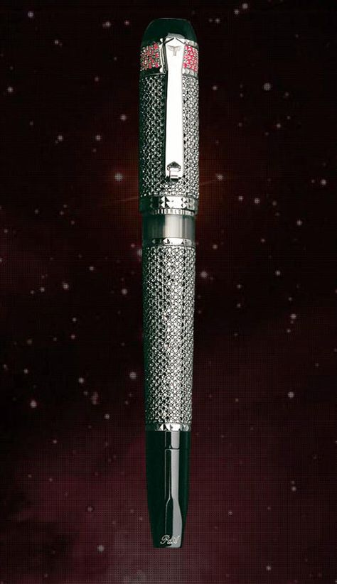 Fulgor Nocturnus Pen from Tibaldi. $8 Million   Features 25.07 carats of black diamonds, 1.70 carats of rubies, and 47.6 grams of gold. Diamond Pen, Black Diamonds, Everyday Objects, Black Diamond, Pen, Diamonds, Electronic Products, Gold, Quick Saves