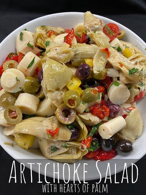 Olla-Podrida: Artichoke Salad with Hearts of Palm Hearts Of Palm Pasta Salad, Artichoke Hearts Salad, Spinach Artichoke Salad Recipes, Artichoke And Hearts Of Palm Salad, Artichoke Dressing, Artichokes Salad, Salad With Artichoke Hearts, Hearts Of Palm Recipes, Artichoke Salad Recipes