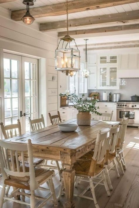 French Country Farmhouse Dining Room, Dining Room Off Kitchen, Farmhouse Kitchen Table Centerpiece, Farmhouse Dining Room Lighting, Farmhouse Kitchen Table, Cottage Dining Rooms, Kitchen Table Centerpiece, Kitchen Addition, Dining Room Remodel