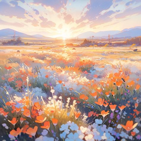 Anime Field Background, Simple Anime Background, Anime Flowers Background, Spring Anime Aesthetic, Flower Field Anime, Anime Backgrounds Landscape, Anime Background Scenery, Sunrise Anime, Landscape With Flowers