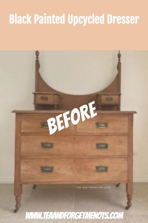 Black Painted Upcycled Dresser Matte Black Dresser Diy, Diy Dressers Ideas, Dresser Into Cabinet, Boho Dresser Redo, Dresser Drawer Front Ideas, Upcycle Dresser Diy, Refinishing Dresser Ideas, Two Tone Dresser Painted, Old Dressers Repurposed