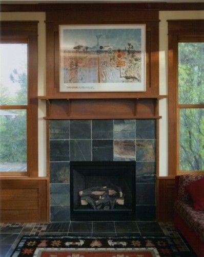 slate tile Large Tile Fireplace, Fireplace Slate, Arts And Crafts Living Room, Fireplace Cabin, Slate Fireplace Surround, Slate Ideas, Contemporary Fireplaces, Tiled Fireplace, Craftsman Fireplace