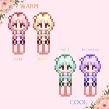 Stardew Mods Hair, Stardew Hair Mods, Stardew Valley Aesthetic Mods, Stardew Valley Hair Mod, Stardew Valley Hair, Pink Stardew Valley, Stardew Valley Clothes Mod, Stardew Valley Mods Clothes, Stardew Valley Sunflower