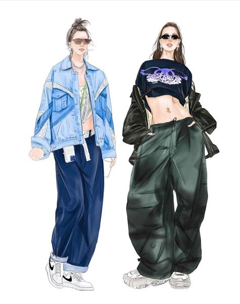 Fashion Sketch Streetwear, Parachute Pants Drawing, Streetwear Collection Illustration, Fashion Sketches Streetwear, Y2k Fashion Illustration, Streetwear Drawing Sketches, Streetwear Illustration Fashion, Streetwear Fashion Sketches, Fashion Illustration Streetwear