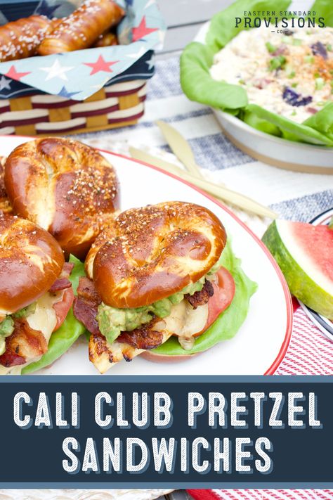 Chicken Sandwich On Pretzel Bun, Sandwich On Pretzel Bun, Sandwiches On Pretzel Buns, Pretzel Chicken Sandwich, Cali Club Sandwich, Pretzel Bun Dinner Ideas, Chicken Pretzel Bun Sandwich, Pretzel Bun Chicken Sandwich, What To Make With Pretzel Buns